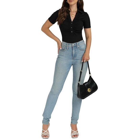 Women's Rib Knit Bodysuit Deep V Neck Ruched Button Short Sleeve Top - Picture 6 of 6